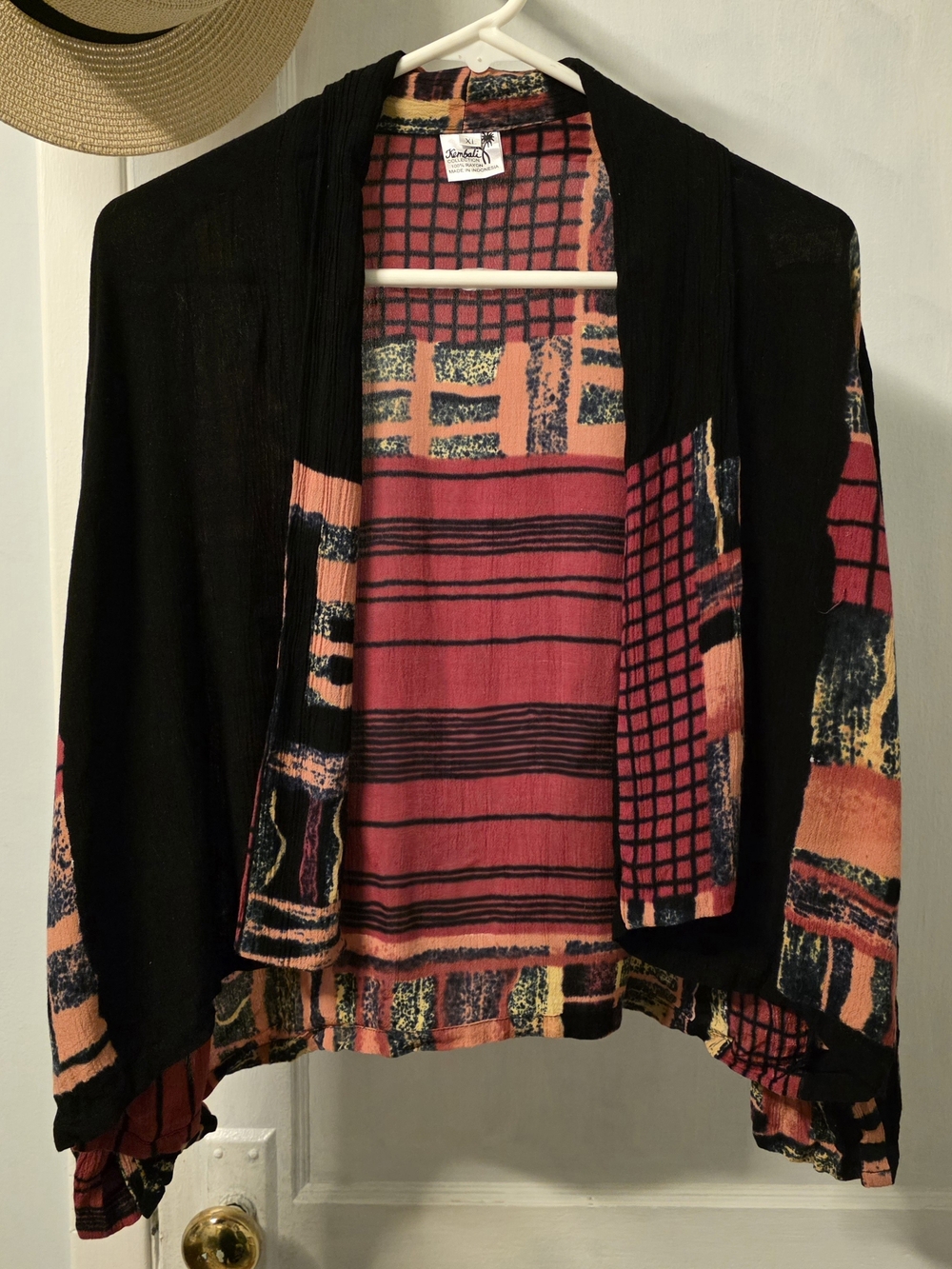 Open-Front Patchwork Cardigan in Black and Coral
